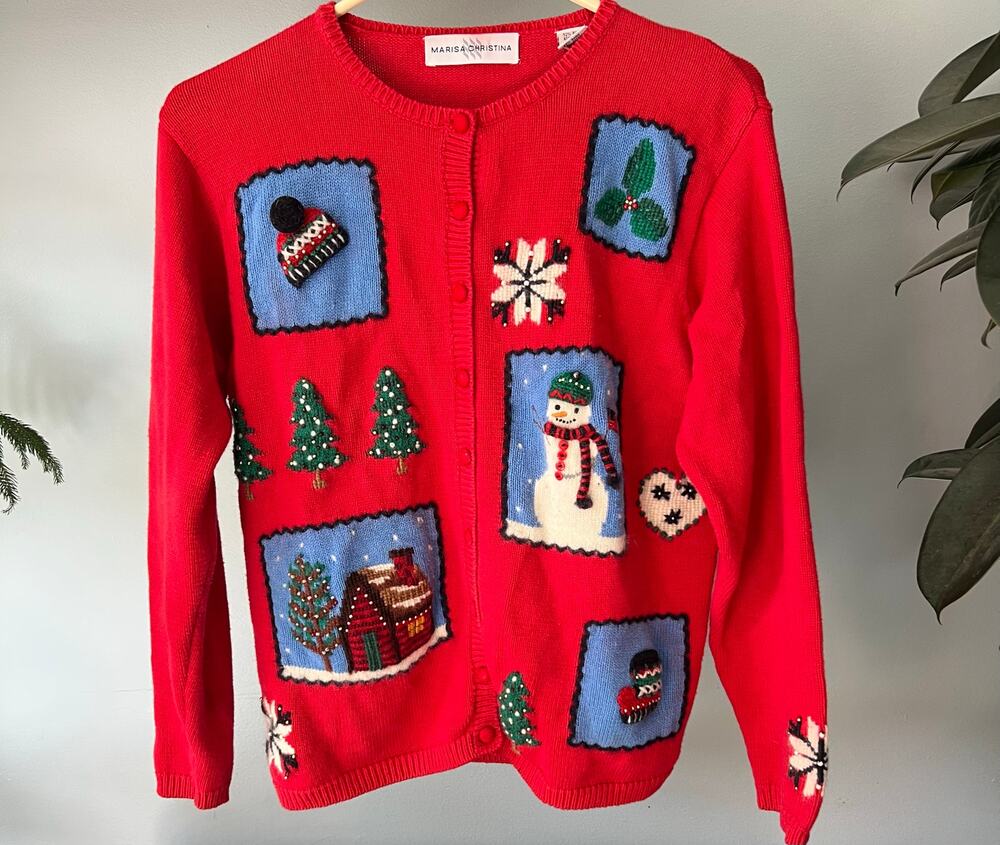 Vintage Christmas Cardigan Sweater by Marisa Cristina, winter, cabin, snow Med